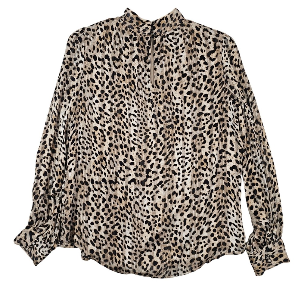 Vince Camuto Leopard Print Mock Neck Blouse Metallic Gold Stripe XS Tan Black